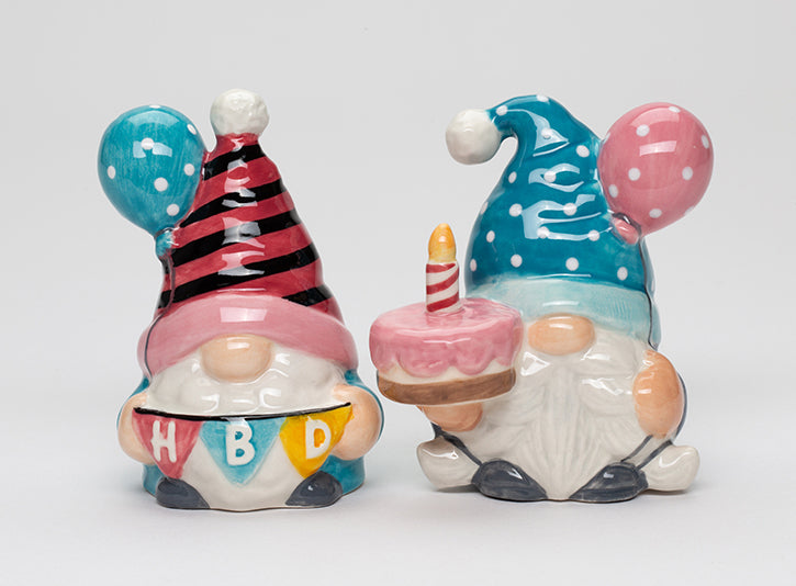 Ceramic Happy Birthday Gnome Salt and Pepper Shakers Birthday Party Decor Fairy Garden Decor Gnome Collector Gift