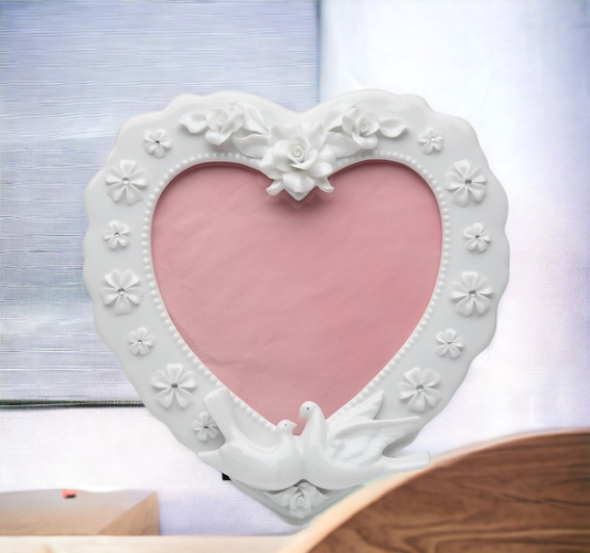 Ceramic Heart Shape Frame with Flowers and White Doves Wedding Décor or Gift Anniversary Décor or Gift Home Décor