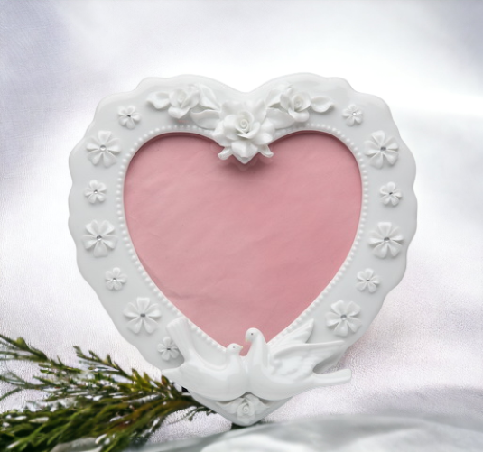 Ceramic Heart Shape Frame with Flowers and White Doves Wedding Décor or Gift Anniversary Décor or Gift Home Décor