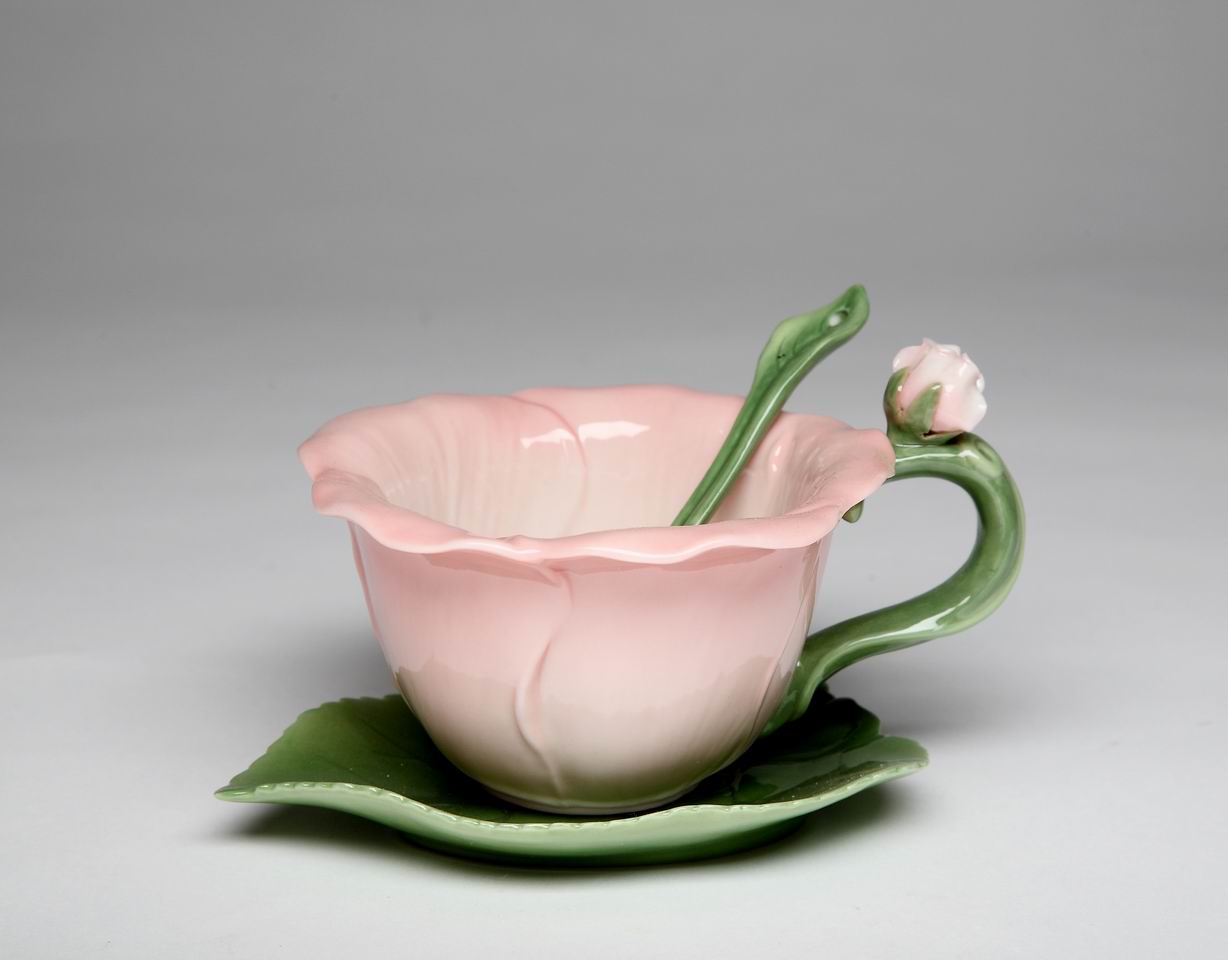 Ceramic Hibiscus Flower Cup and Saucer and Spoon-1 Set Gift for Her Gift for Mom Gift for Friend or Coworker Tea Party