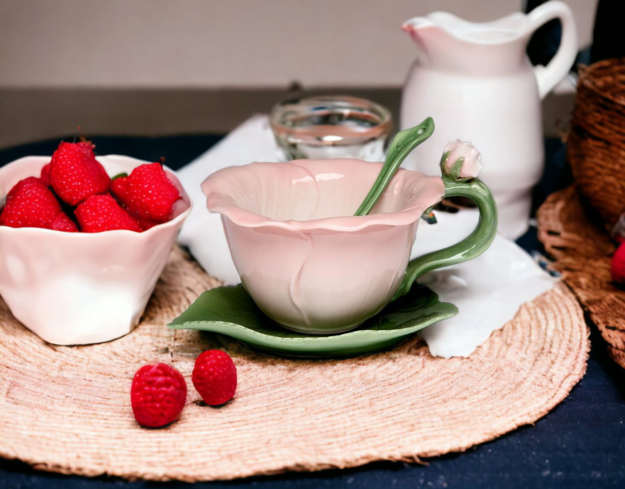 Ceramic Hibiscus Flower Cup and Saucer and Spoon-1 Set Gift for Her Gift for Mom Gift for Friend or Coworker Tea Party