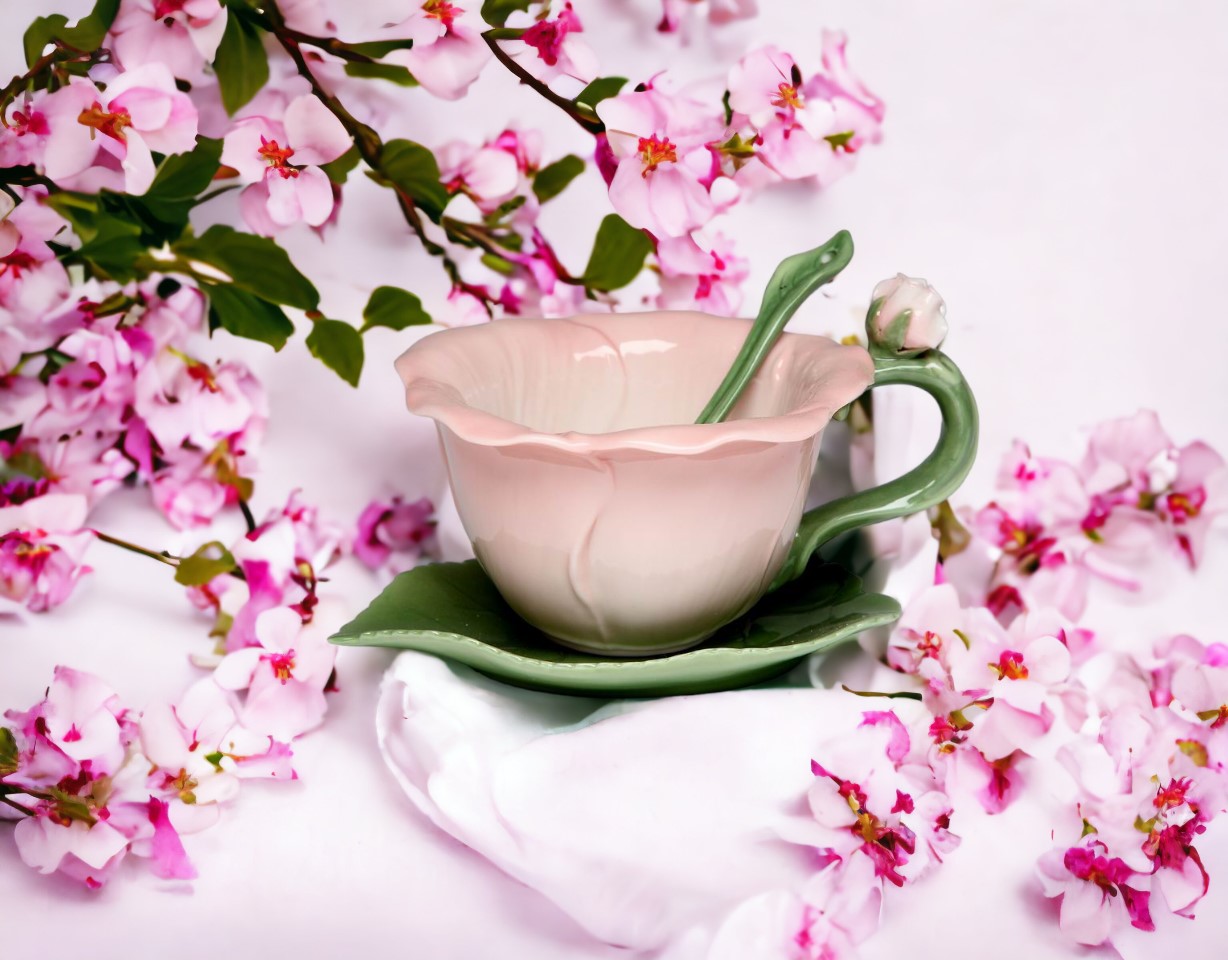 Ceramic Hibiscus Flower Cup and Saucer and Spoon-2 Sets Gift for Mom Gift for Friend or Coworker Tea Party Décor Café