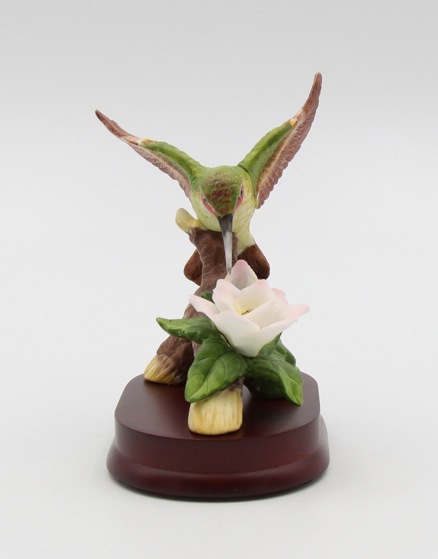Ceramic Hummingbird with Cherry Blossom Flower on Wood Base Figurine Home Décor Gift for Her Mom Birdwatcher Gift