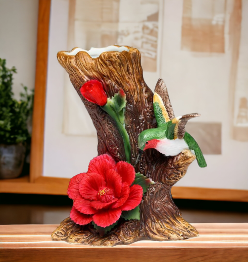 Ceramic Hummingbird with Hibiscus Flower Vase Home Décor Gift for Her Gift for Mom Birdwatcher Gift Vintage Decor - vase