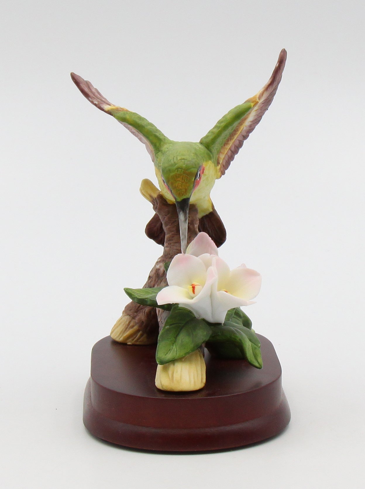 Ceramic Hummingbird with Magnolia Flower on Wood Base Figurine Home Décor Gift for Her Mom Birdwatcher Gift Vintage
