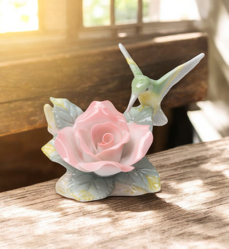 Ceramic Hummingbird with Peace Rose Figurine Bird Watcher Gift Gift for Her Nature Lover Gift - Figurine