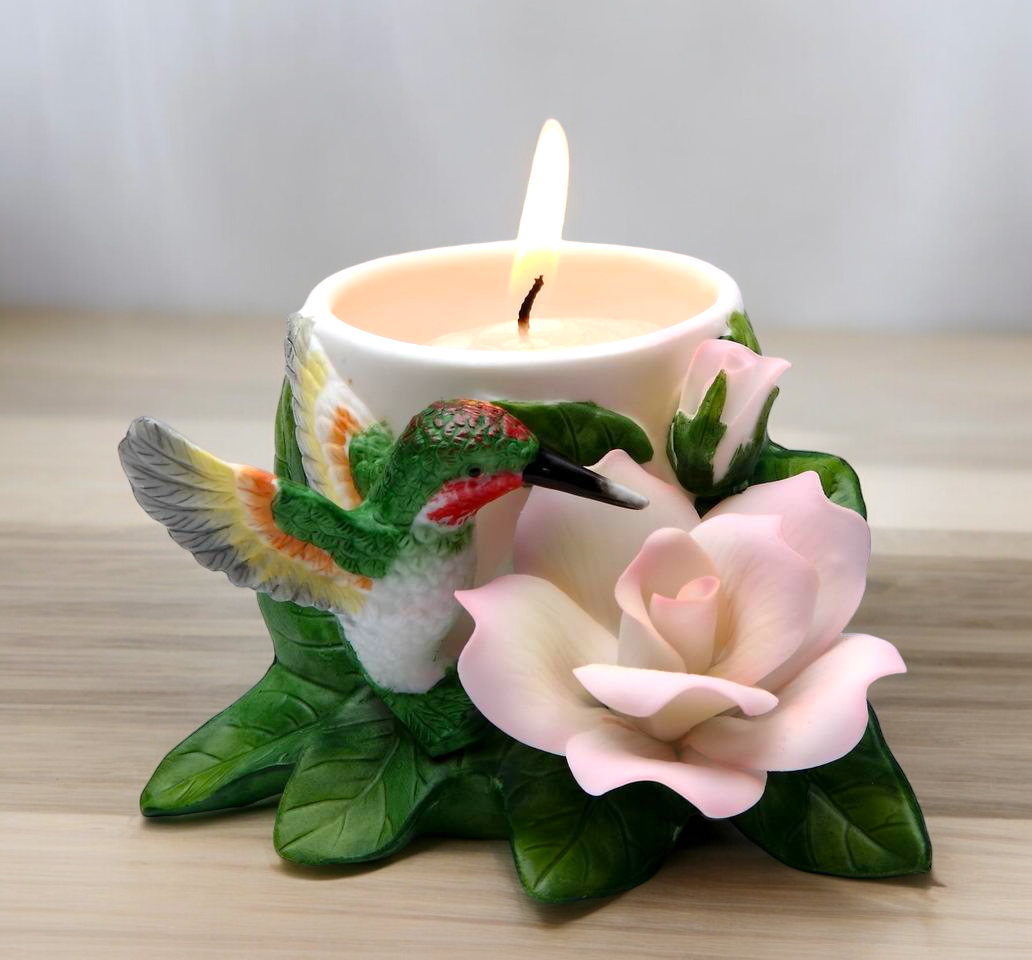 Ceramic Hummingbird With Peace Rose Votive Candle Holder Home Decor Vintage Decor Gift for Her Gift for Mom - Candle