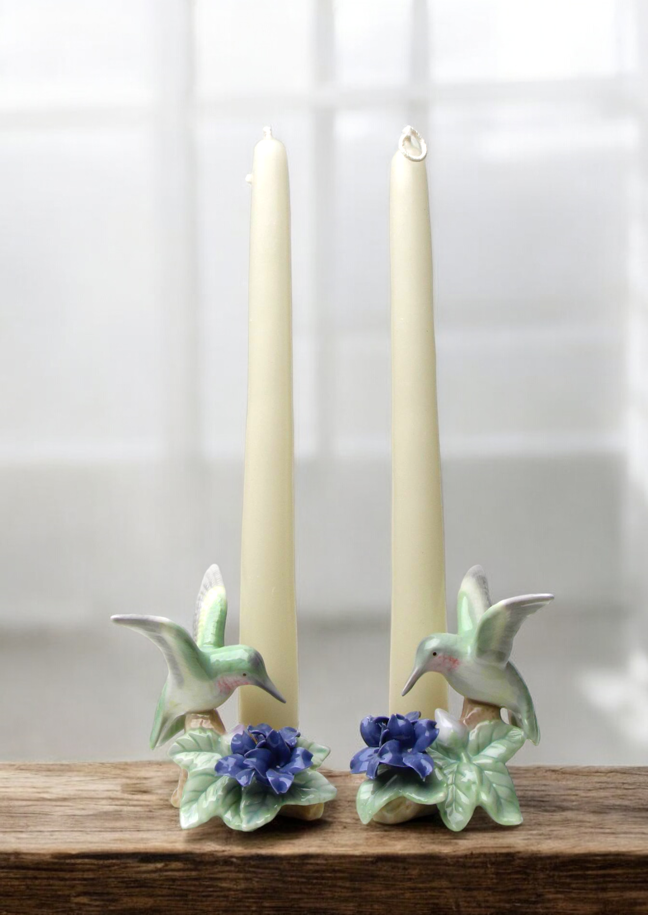 Ceramic Hummingbird with Violet Flower Candle Holder - Set of 2 Bird Watcher Gift Garden Decor Gift for Her Gift