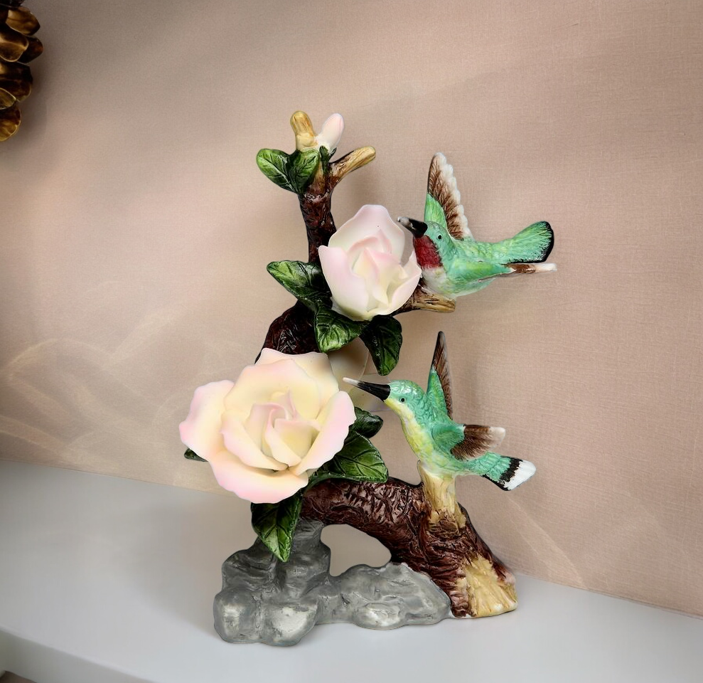 Ceramic Hummingbirds with Rose Flower Figurine Gift for Birdwatcher Gift for Her Gift for Mom Home Decor - Figurine
