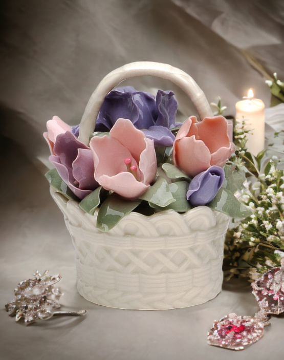 Ceramic Iris Flower Basket Figurine Home Décor Gift for Her Gift for Mom Spring Décor Wedding Decor - Figurines