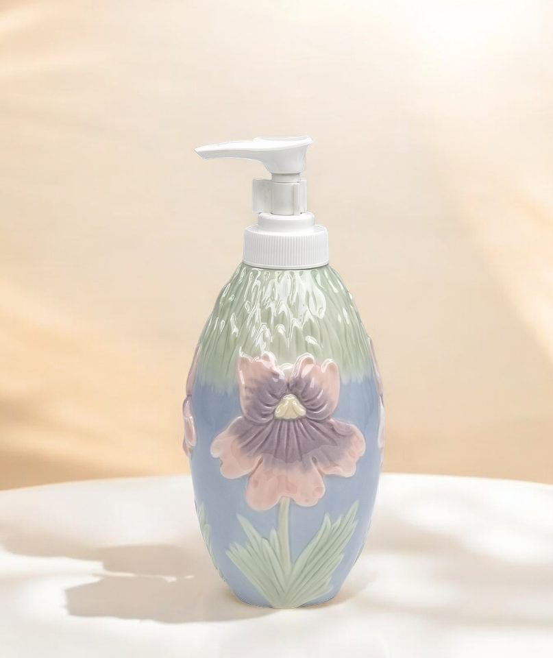 Ceramic Iris Flower Soap Dispenser Vanity Decor Gift for Her Gift for Mom - soap dispenser