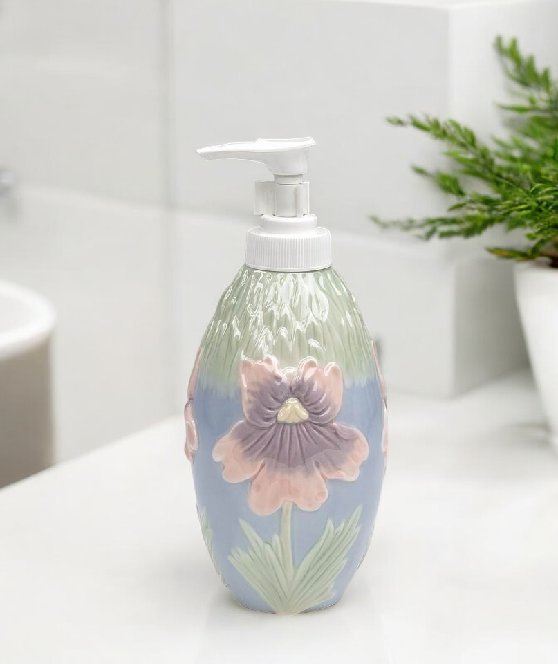 Ceramic Iris Flower Soap Dispenser Vanity Decor Gift for Her Gift for Mom - soap dispenser