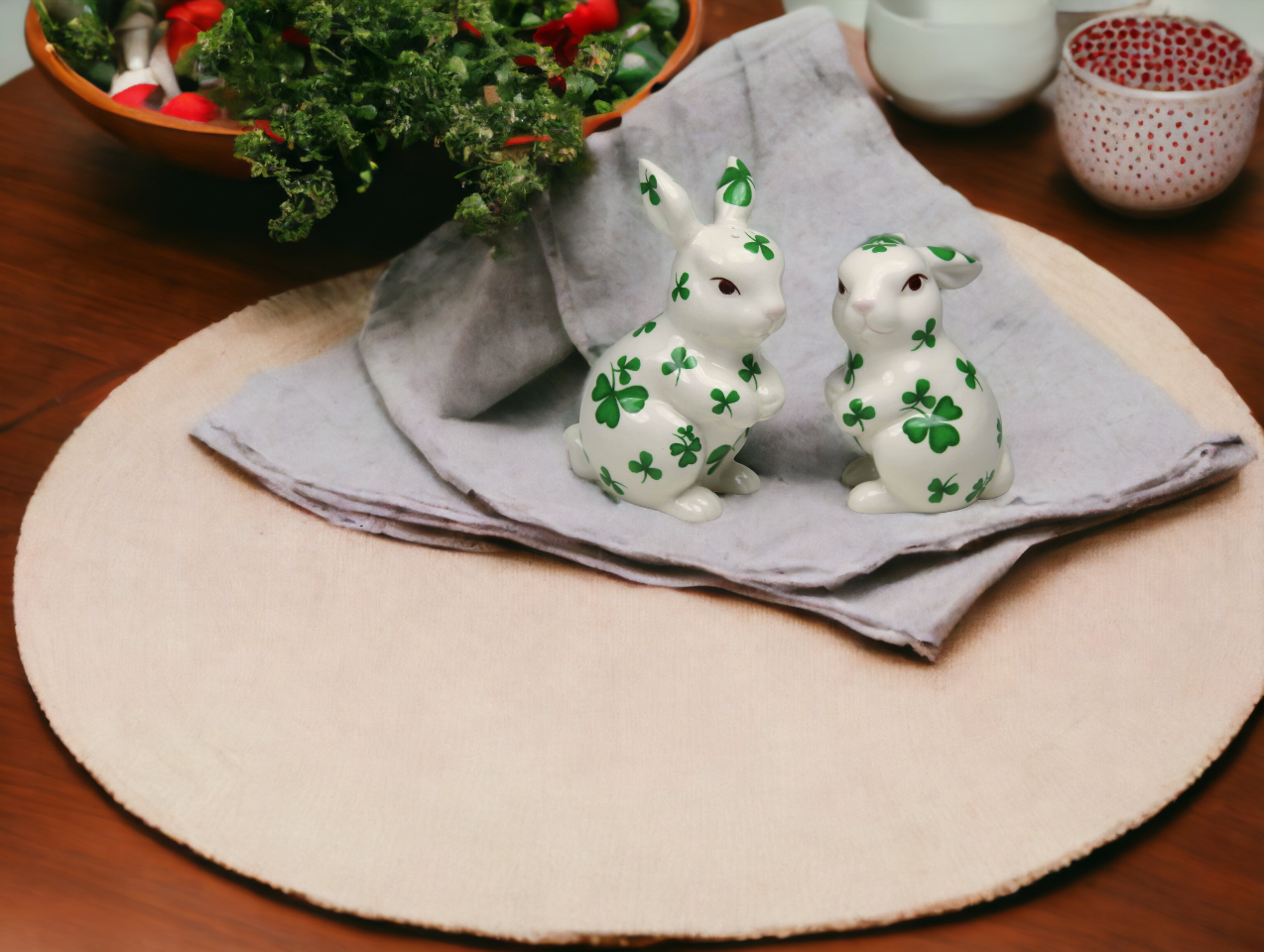 Ceramic Irish Easter Bunny Rabbit with Shamrock Pattern Salt and Pepper Shakers Gift for Her or Mom Kitchen Décor Saint