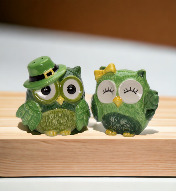 Ceramic Irish Owl Salt And Pepper Shakers Home Décor Gift for Her Gift for Mom Kitchen Décor Irish Saint Patrick’s Day