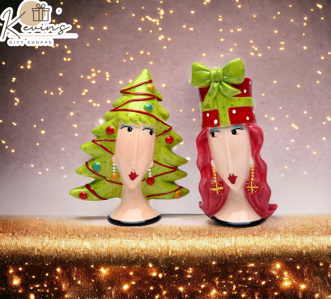 Ceramic Lady Wigs Christmas Tree And Gift Salt & Pepper Shakers Gift for Her or Mom Gift for Friend Gift for Coworker