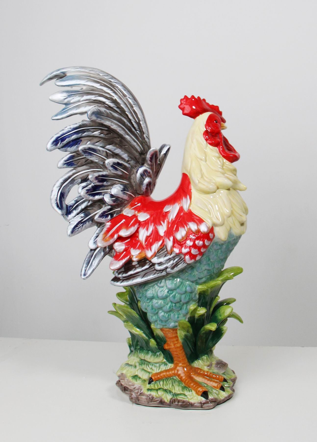 Ceramic Large Rooster Statue In Red and Navy Home Décor Gift for Her Gift for Mom Kitchen Décor Farmhouse Décor Fall