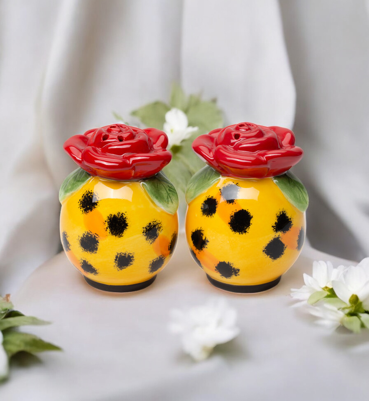 Ceramic Leopard Print With Rose Salt and Pepper Shakers Kitchen Decor Gift for Her - Salt & Pepper Shakers