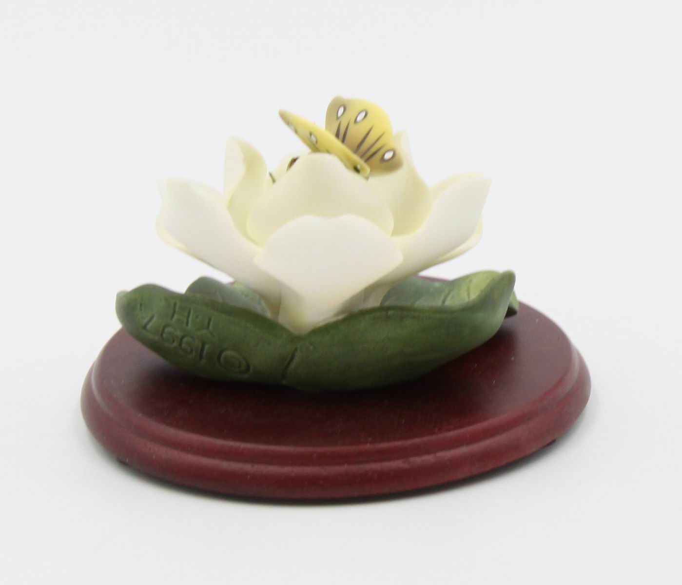 Ceramic Magnolia Flower with Butterfly on Wooden Base Home Décor Gift for Her Gift for Mom - Figurine
