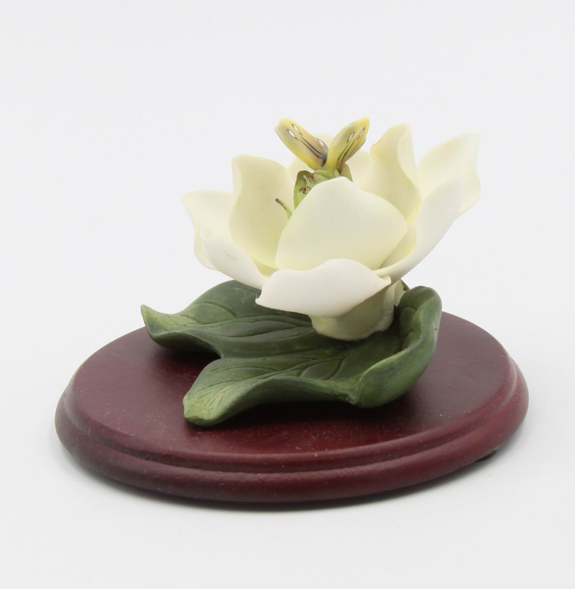 Ceramic Magnolia Flower with Butterfly on Wooden Base Home Décor Gift for Her Gift for Mom - Figurine