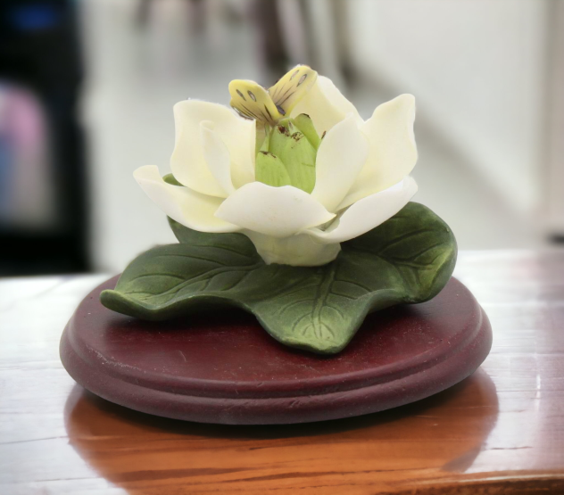 Ceramic Magnolia Flower with Butterfly on Wooden Base Home Décor Gift for Her Gift for Mom - Figurine
