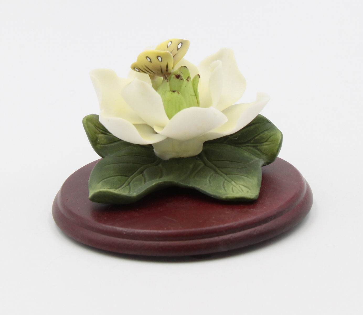 Ceramic Magnolia Flower with Butterfly on Wooden Base Home Décor Gift for Her Gift for Mom - Figurine
