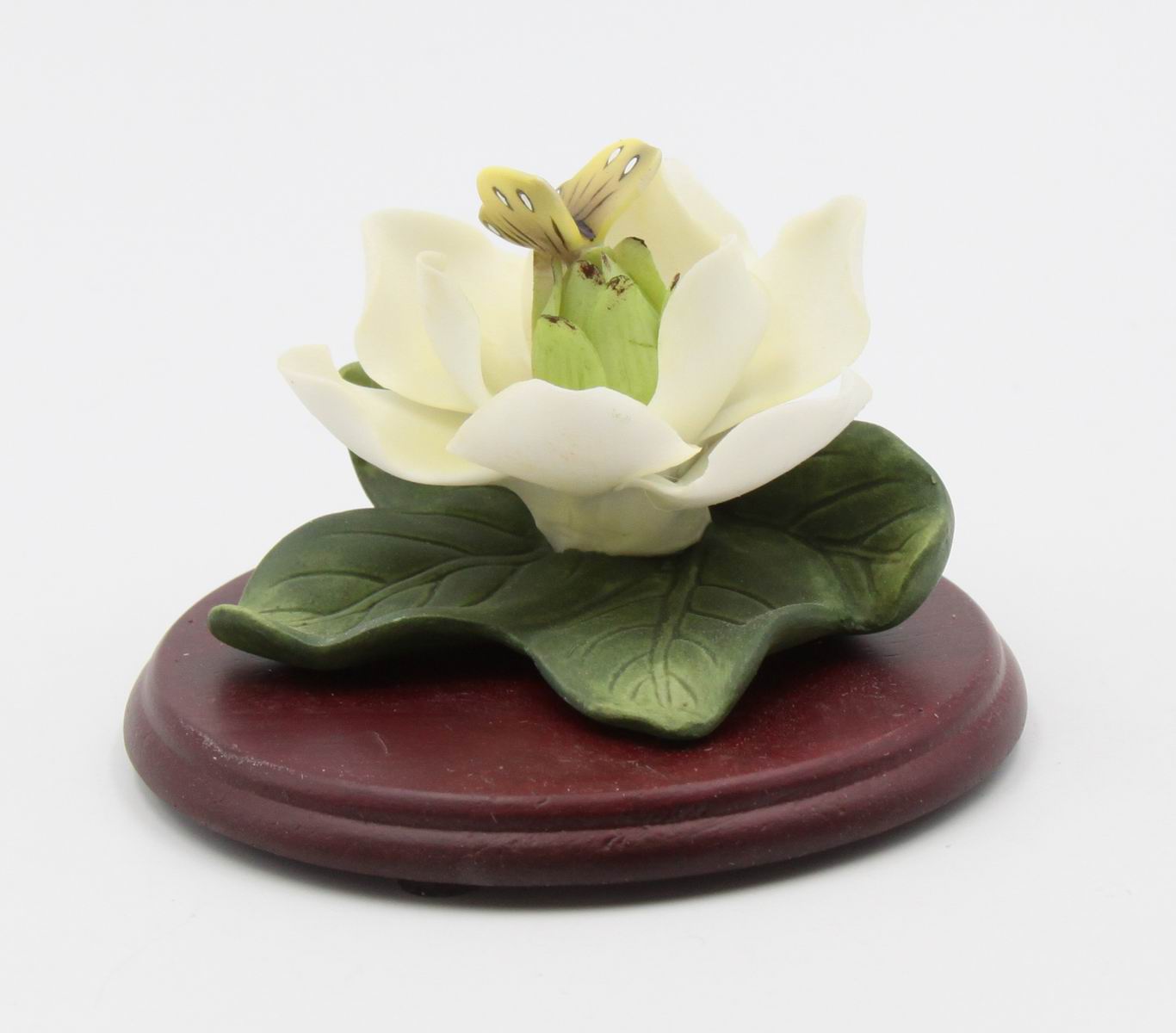 Ceramic Magnolia Flower with Butterfly on Wooden Base Home Décor Gift for Her Gift for Mom - Figurine