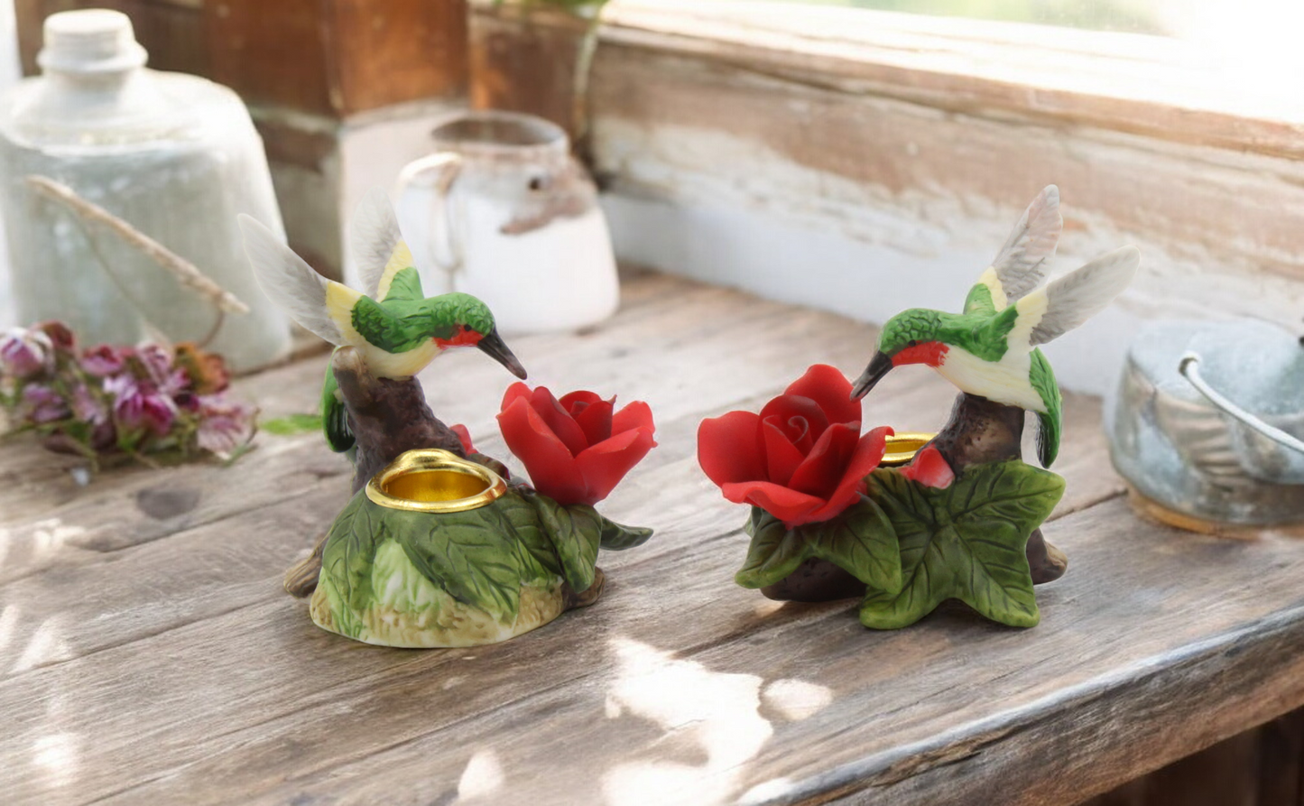 Ceramic Mini Hummingbird with Red Rose Flower Candle Holder (Set of 2) Birdwatcher Gift Home Decor Table Decor Gift