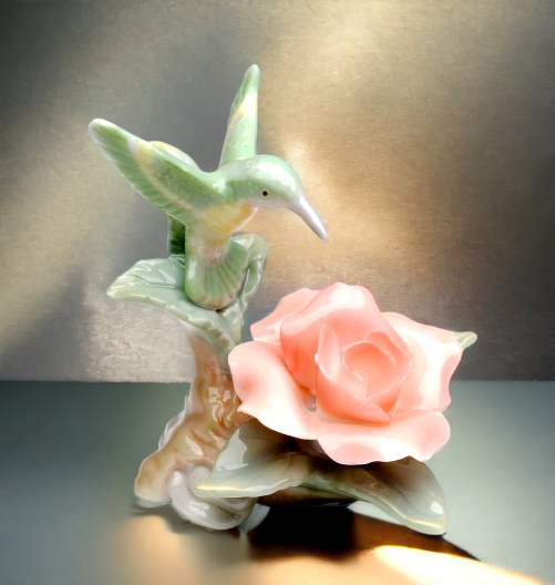 Ceramic Mini Hummingbird with Rose Figurine Home Décor Gift for Her Gift for Mom Kitchen Décor Birdwatcher Gift Vintage