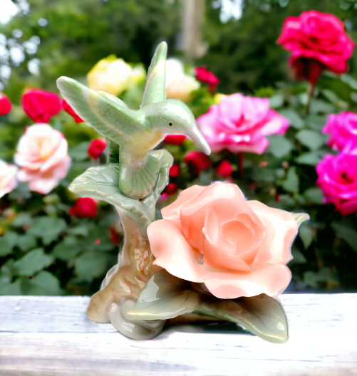Ceramic Mini Hummingbird with Rose Figurine Home Décor Gift for Her Gift for Mom Kitchen Décor Birdwatcher Gift Vintage