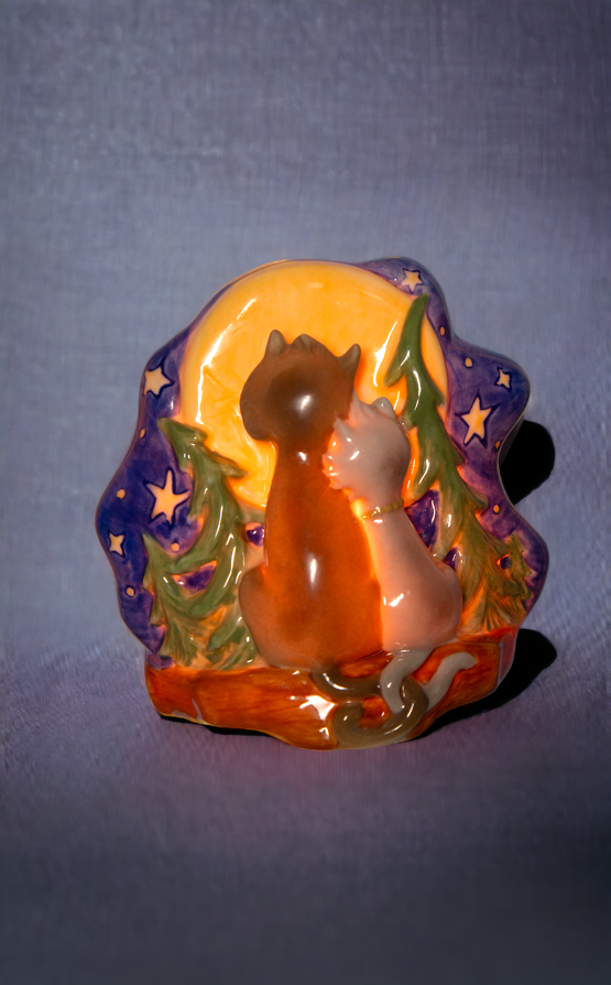 Ceramic Moon-Gazing Loving Cats Plug-In Nightlight Home Décor Nursery Room Décor Baby Registry Gift Cat Lover Gift