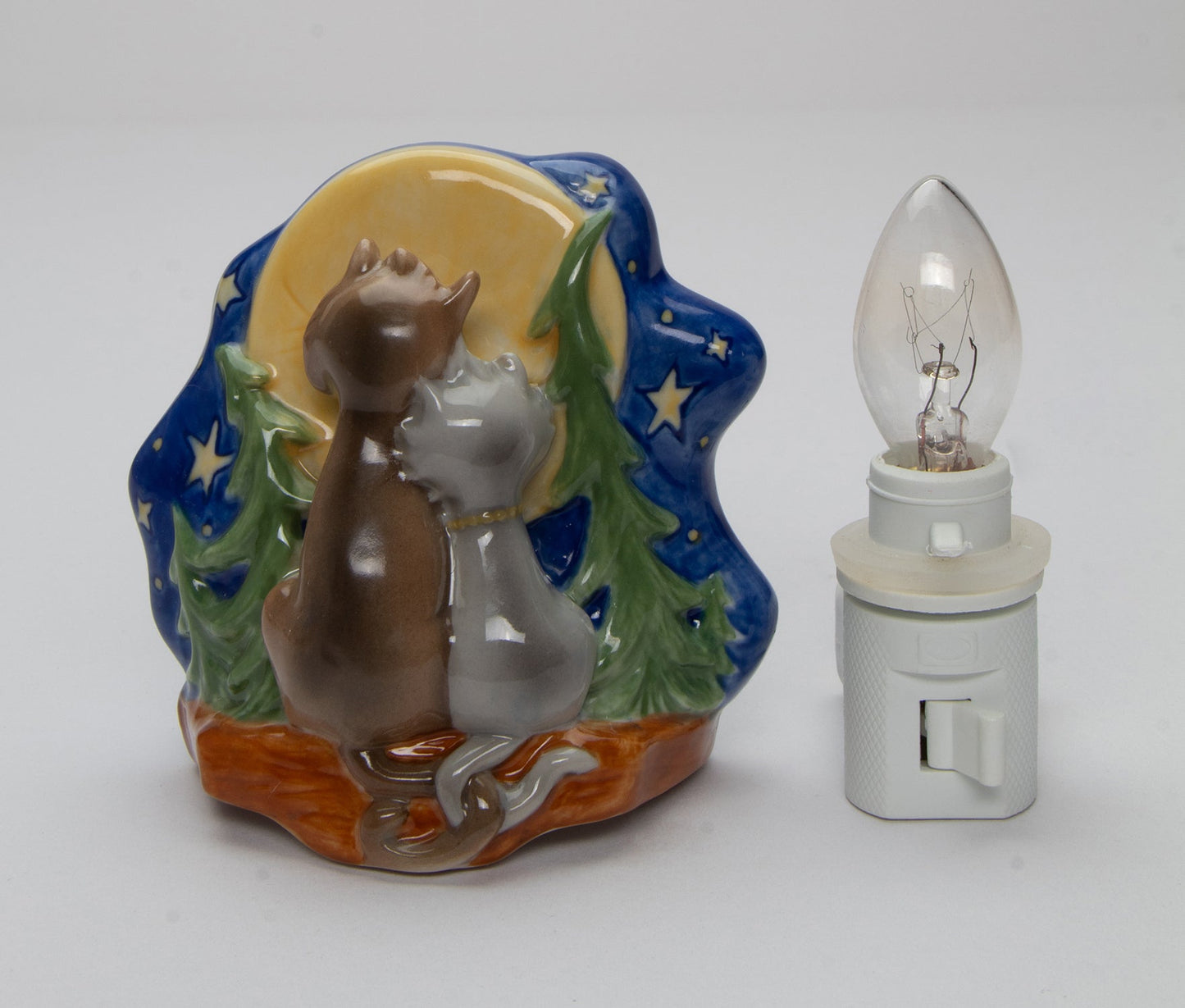 Ceramic Moon-Gazing Loving Cats Plug-In Nightlight Home Décor Nursery Room Décor Baby Registry Gift Cat Lover Gift