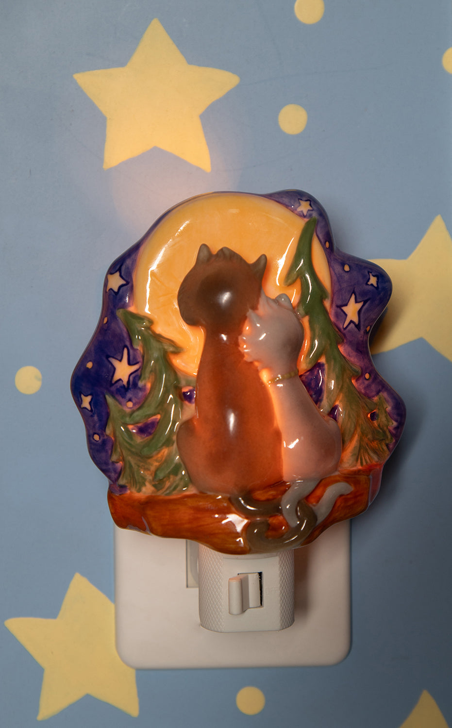 Ceramic Moon-Gazing Loving Cats Plug-In Nightlight Home Décor Nursery Room Décor Baby Registry Gift Cat Lover Gift