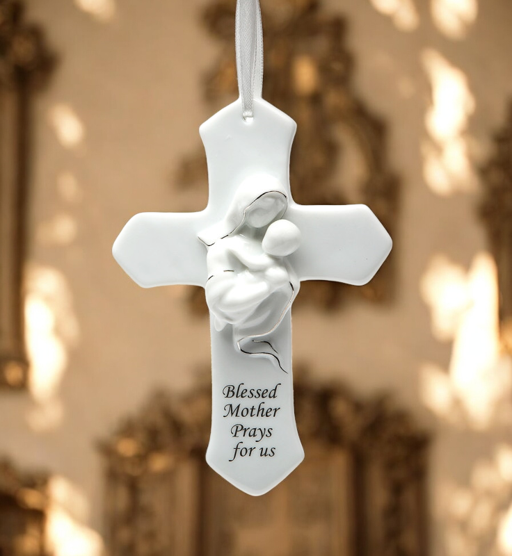 Ceramic Mother & Child on Cross Wall Decor Religious Gift Religious Decor Gift for Her - wall decor