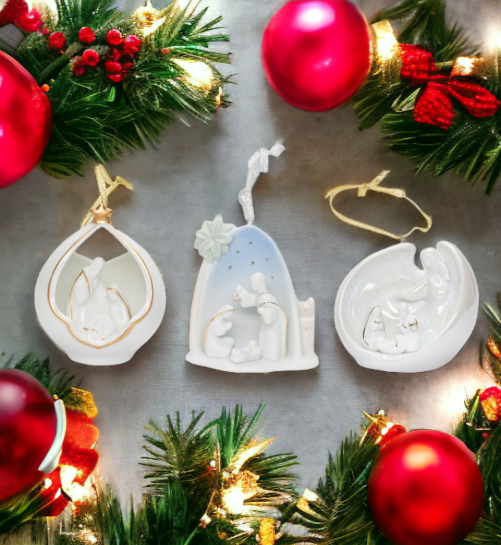 Ceramic Nativity Scene Christmas Tree Ornaments-Set of 3 Home Décor Gift for Her Gift for Mom Religious Décor Christmas