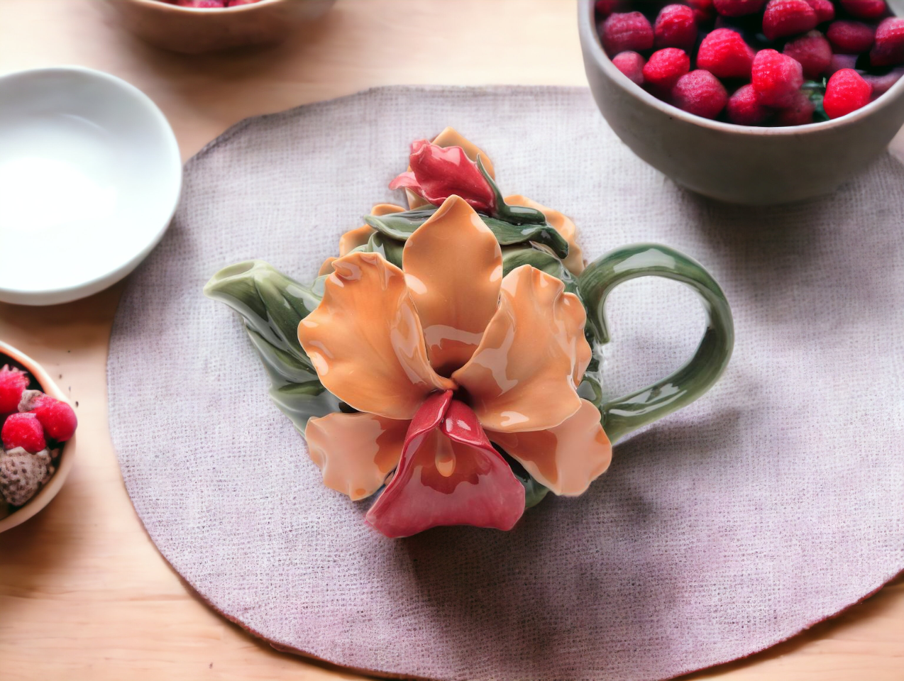 Ceramic Orange Orchid Flower Teapot Gift for Her Gift for Mom Tea Party Décor Café Décor Farmhouse Kitchen Décor
