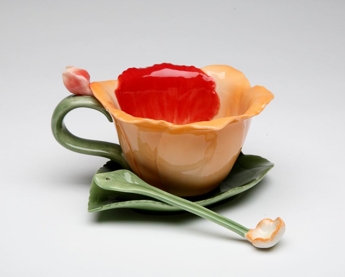 Orange Orchid Flower Cup and Saucer, 6-Pc Set (2 cups, 2 saucers, 2 spoons) - kevinsgiftshoppe