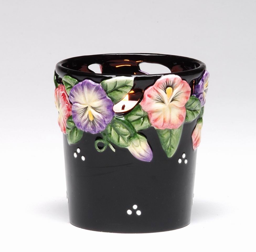 Ceramic Pansy Flower Black Votive Candle Holder with Glass Cup Home Décor Gift for Her Gift for Mom Kitchen Décor