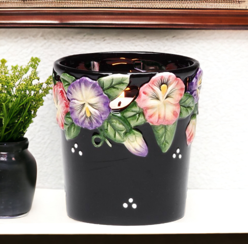 Ceramic Pansy Flower Black Votive Candle Holder with Glass Cup Home Décor Gift for Her Gift for Mom Kitchen Décor