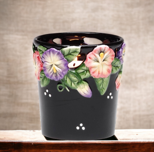 Ceramic Pansy Flower Black Votive Candle Holder with Glass Cup Home Décor Gift for Her Gift for Mom Kitchen Décor