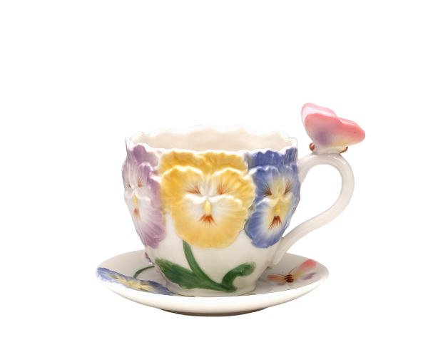 Ceramic Pansy flower with butterfly cup and saucer Gift for Her Gift for Mom Gift for Friend or Coworker Tea Party