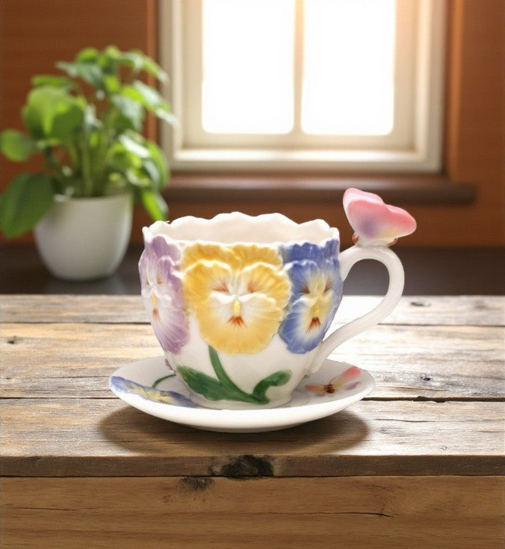 Ceramic Pansy flower with butterfly cup and saucer Gift for Her Gift for Mom Gift for Friend or Coworker Tea Party
