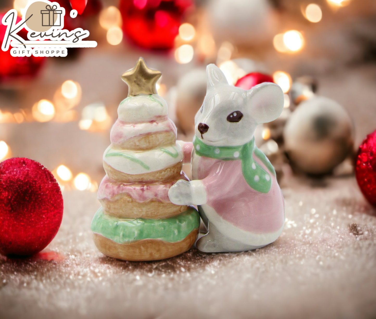 Ceramic Pastel Color Mouse with Donut Tree Salt and Pepper Shakers Home Décor Gift for Her Gift for Mom Kitchen Décor