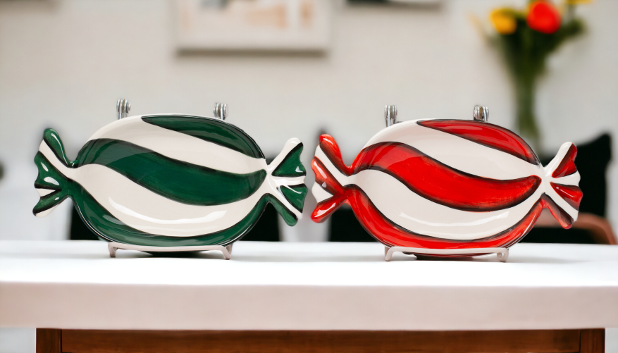 Ceramic Peppermint Candy Dish Set of 2 - Red And Green Christmas Decor Kitchen Decor Gift for Her Gift for Mom - Candy