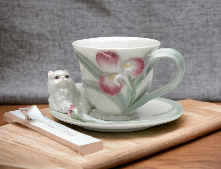 Ceramic Persian Cat with Iris Flower Cup & Saucer Gift for Her Gift for Mom Gift for Friend or Coworker Tea Party Décor