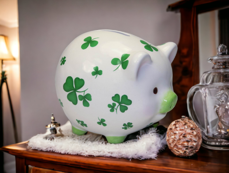 Ceramic Pig with Shamrock Design Piggy Bank Home Décor Gift for Her Gift for Mom Kitchen Décor Irish Saint Patrick’s