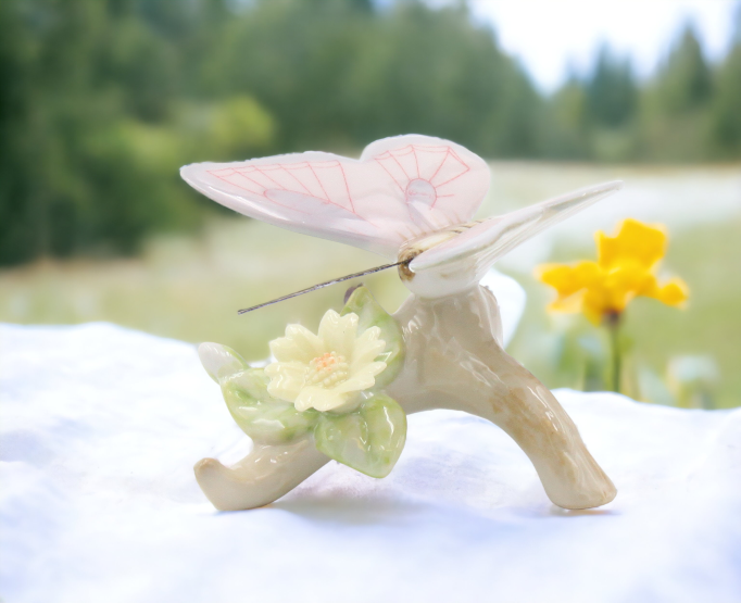 Ceramic Pink Butterfly with Flower Figurine Home Décor Gift for Her Gift for Mom Nature Lover Gift - Figurine