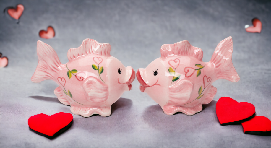 Ceramic Pink Fish with Hearts Salt and Pepper Shakers Valentines Day Decor Gift for Her Kitchen Decor, - Salt & Pepper