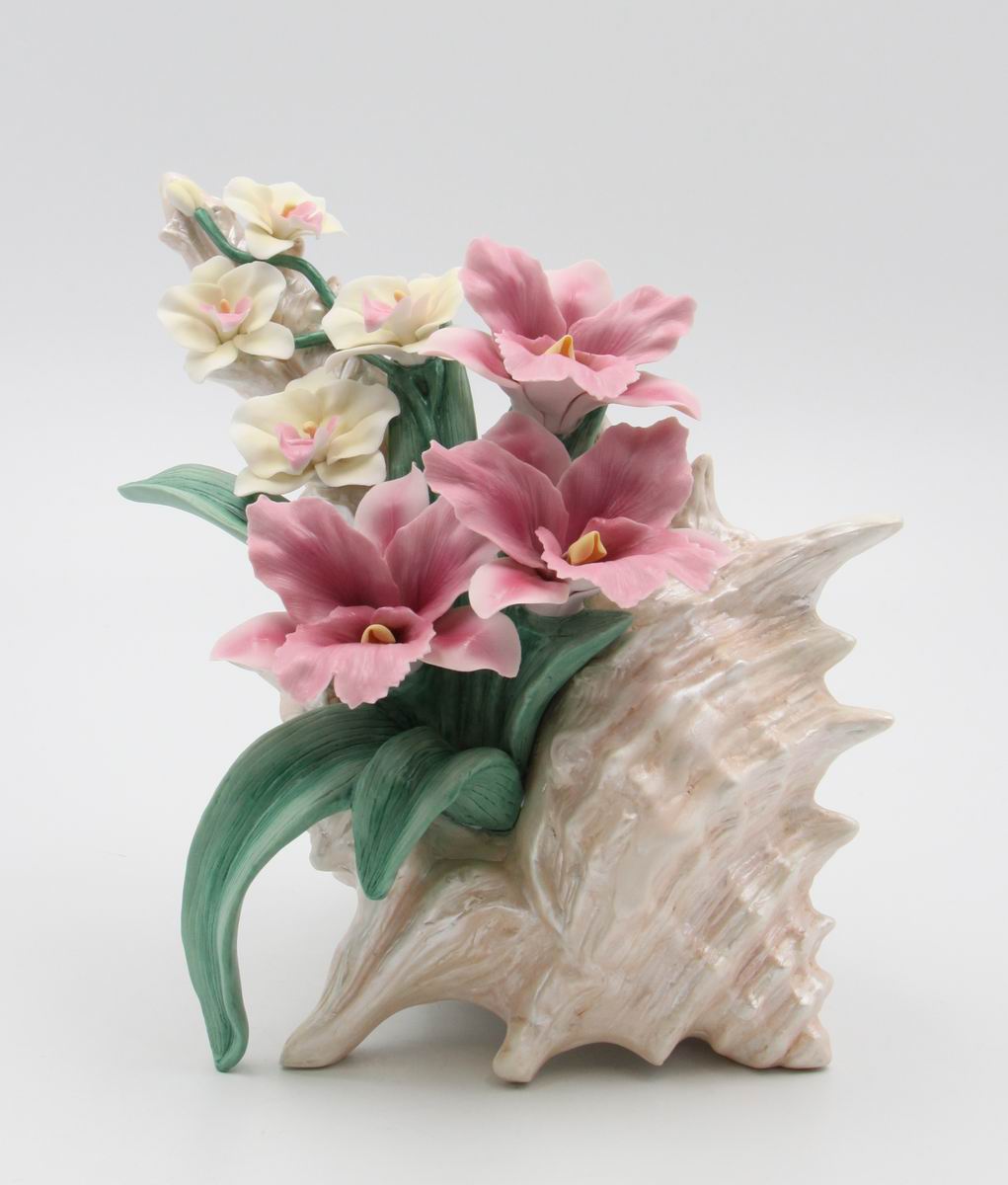 Ceramic Pink Orchid and Narcissus Flowers in a Seashell Figurine Home Décor Gift for Her Gift for Mom Spring Décor