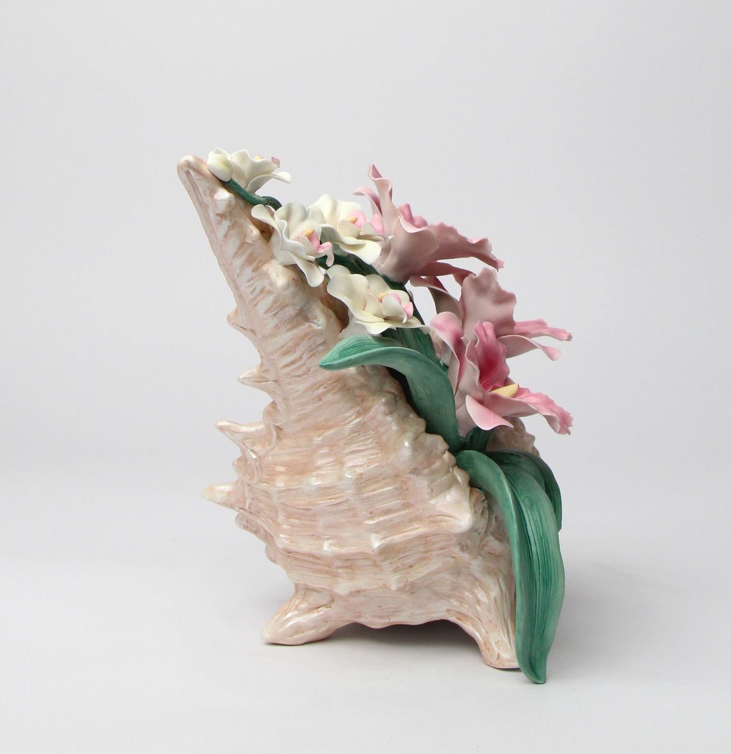 Ceramic Pink Orchid and Narcissus Flowers in a Seashell Figurine Home Décor Gift for Her Gift for Mom Spring Décor