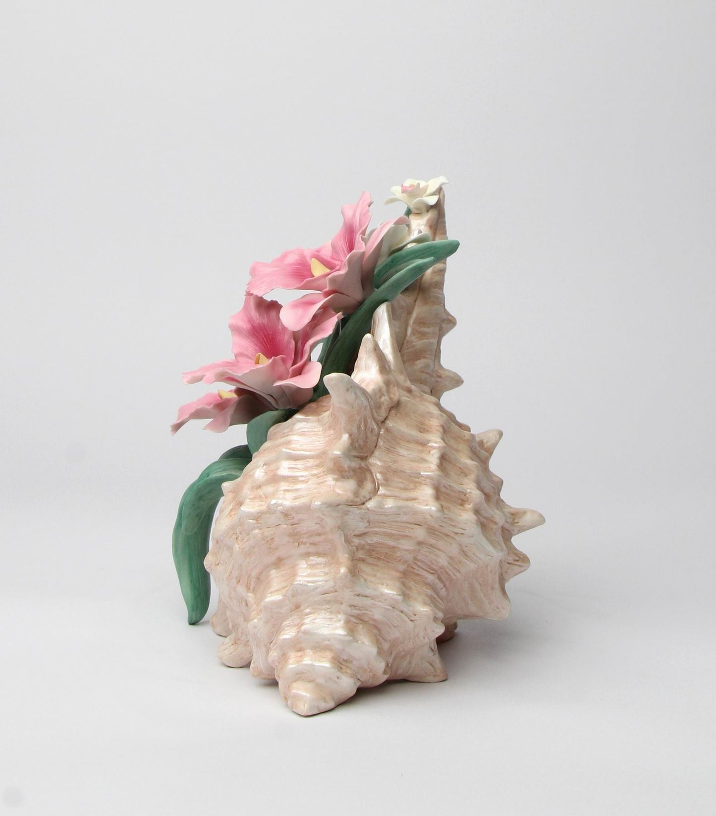Ceramic Pink Orchid and Narcissus Flowers in a Seashell Figurine Home Décor Gift for Her Gift for Mom Spring Décor